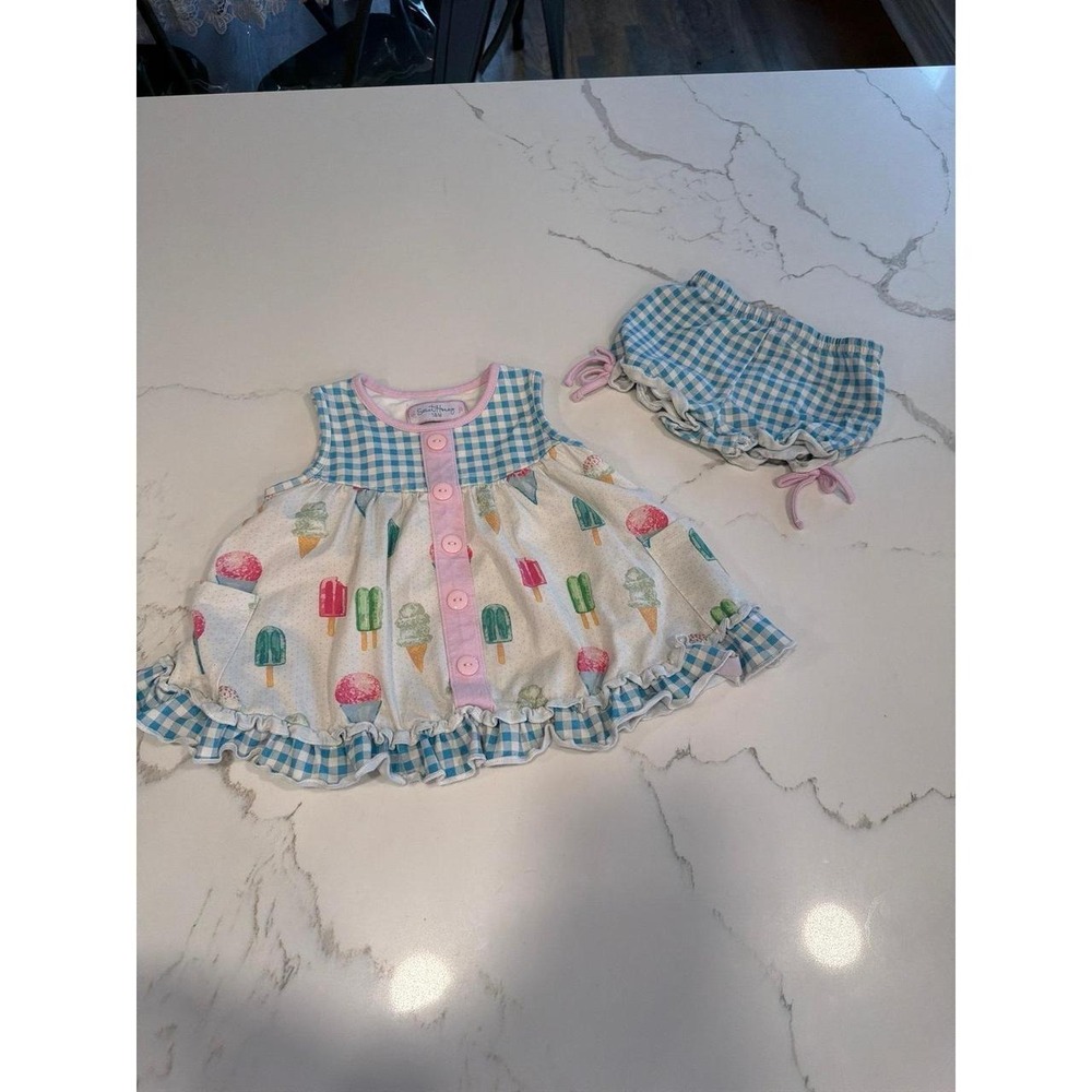 Sweethoney ice cream print with ruffled edging and gingham accents 18 months